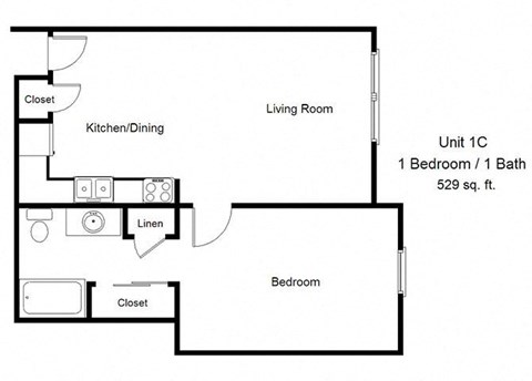Floor plan for 1 bed, 1 bath, 529 sqft